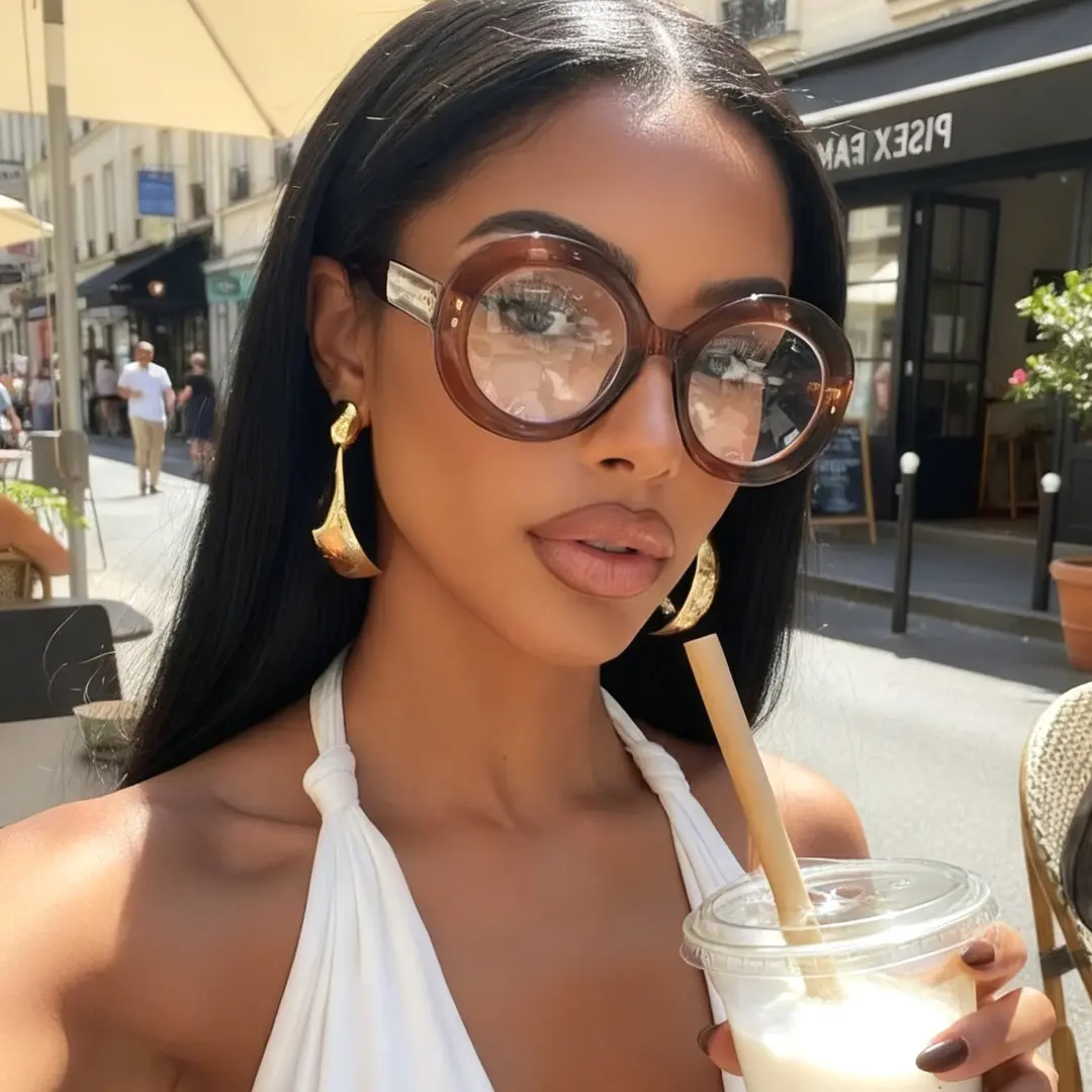 Three-quarter view of female wearing brown round eyeglasses, neutral expression, RP0322406