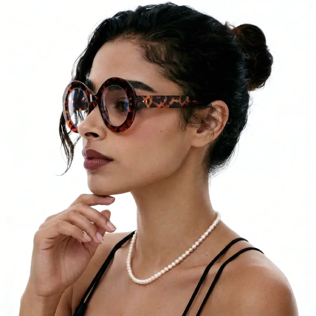 Profile view of woman wearing tortoise round eyeglasses, finger touching chin, neutral expression, RP0322406