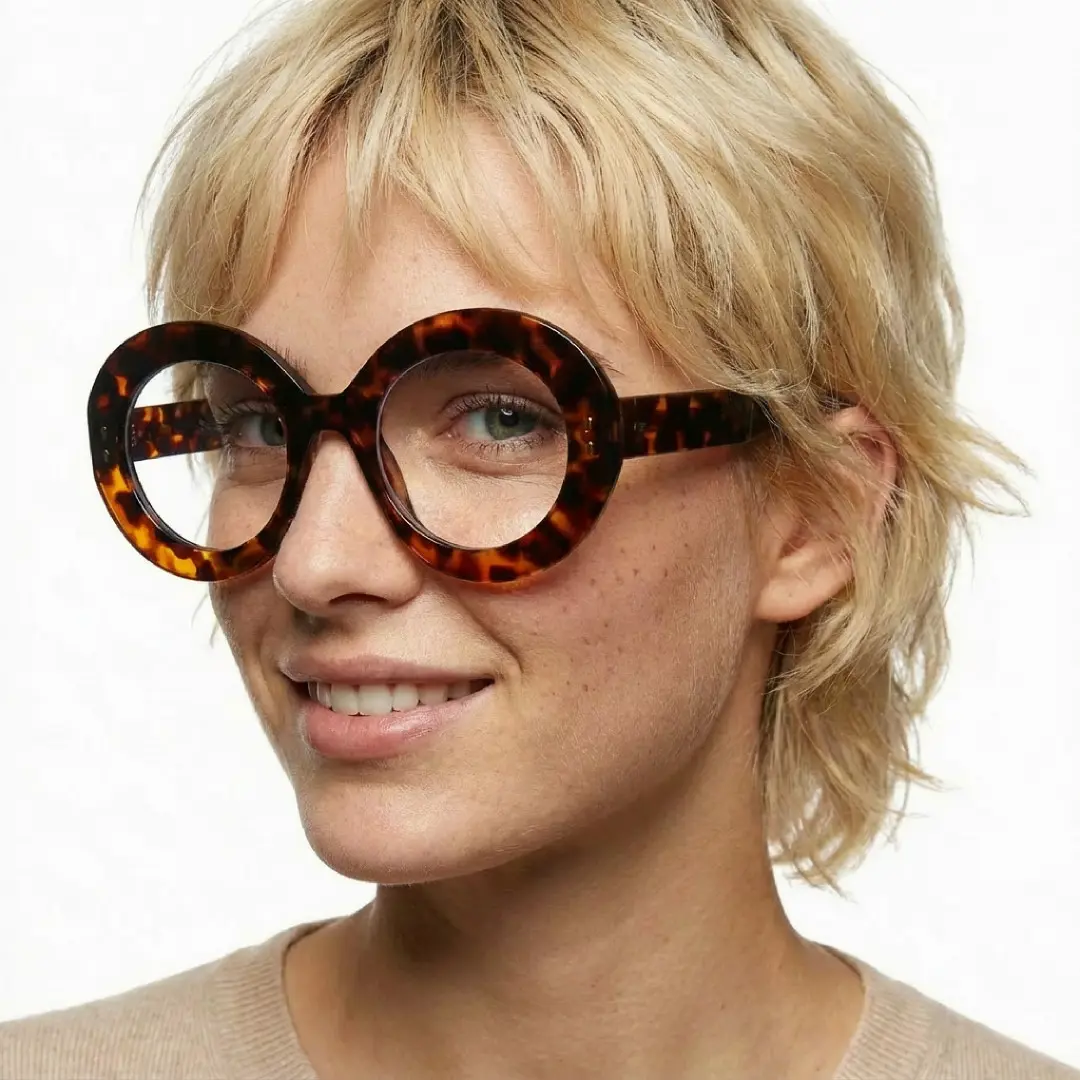 Three-quarter view of female wearing tortoise round eyeglasses, natural smile, RP0322406