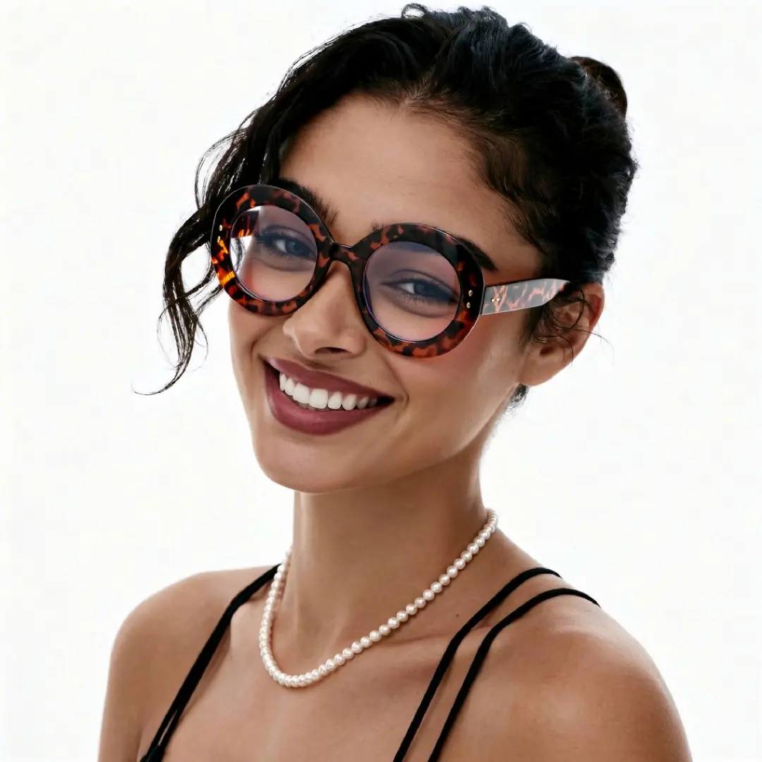 Tilted head view of female wearing tortoise round eyeglasses, smiling, RP0322406