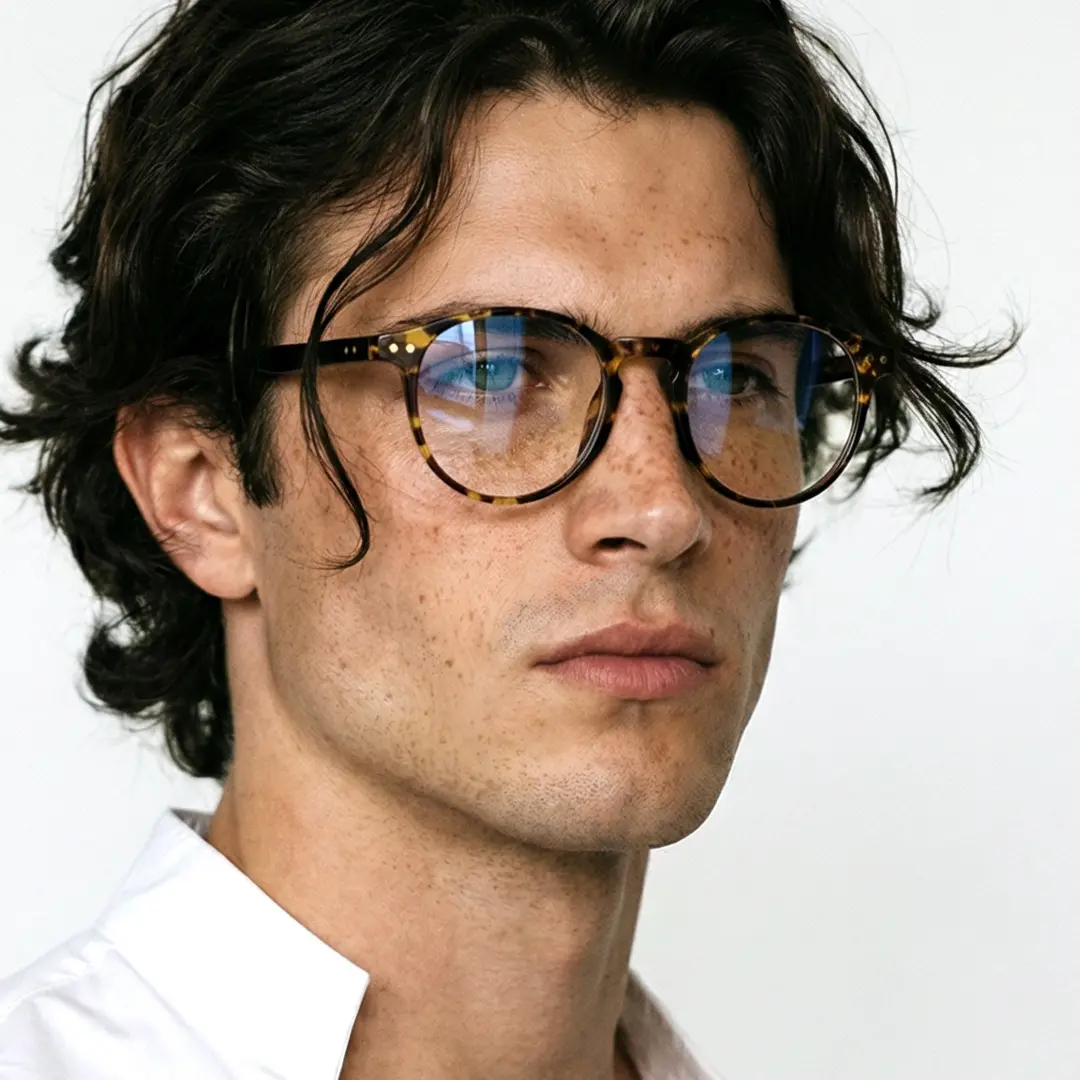 Profile view of male wearing vintage tortoise round eyeglasses, neutral expression, RR0032309