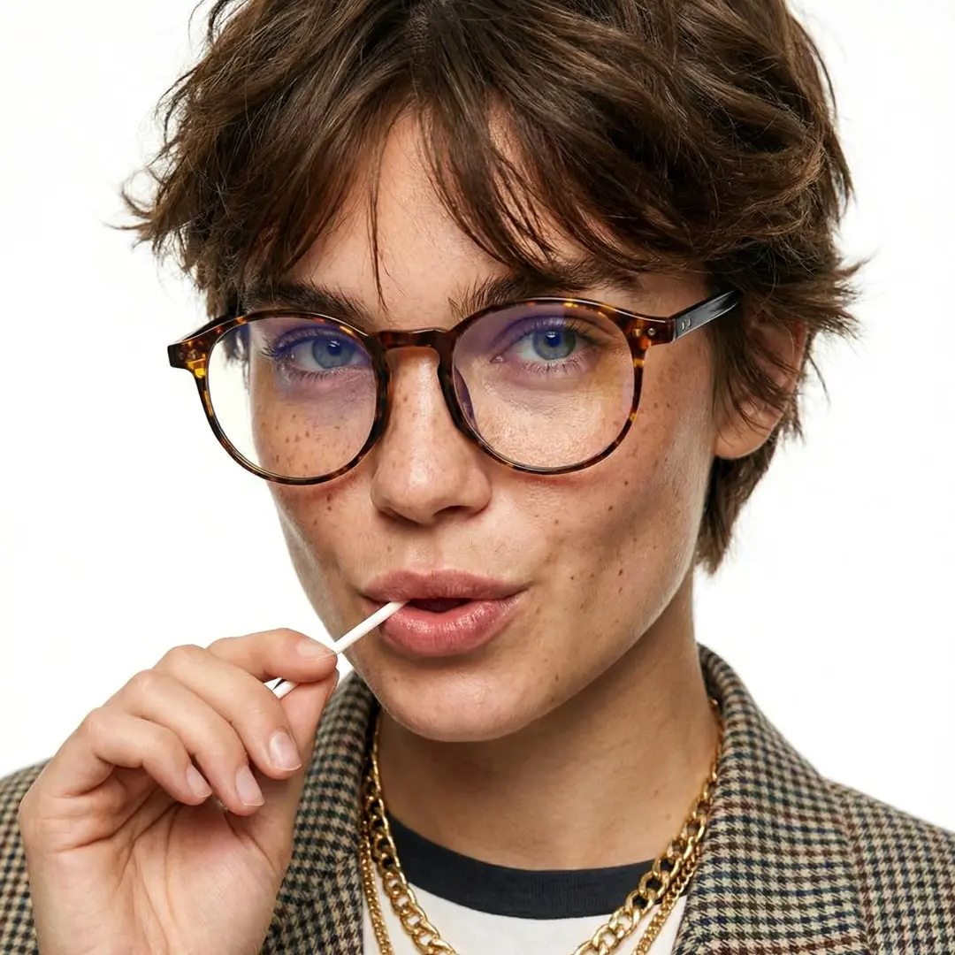 Front view of female wearing vintage tortoise round eyeglasses, lollipop in mouth, neutral expression, RR0032309