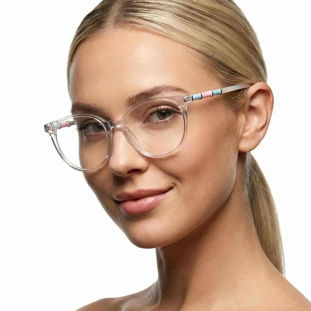 Face close-up view of female wearing clear round eyeglasses, neutral expression, RR0032408