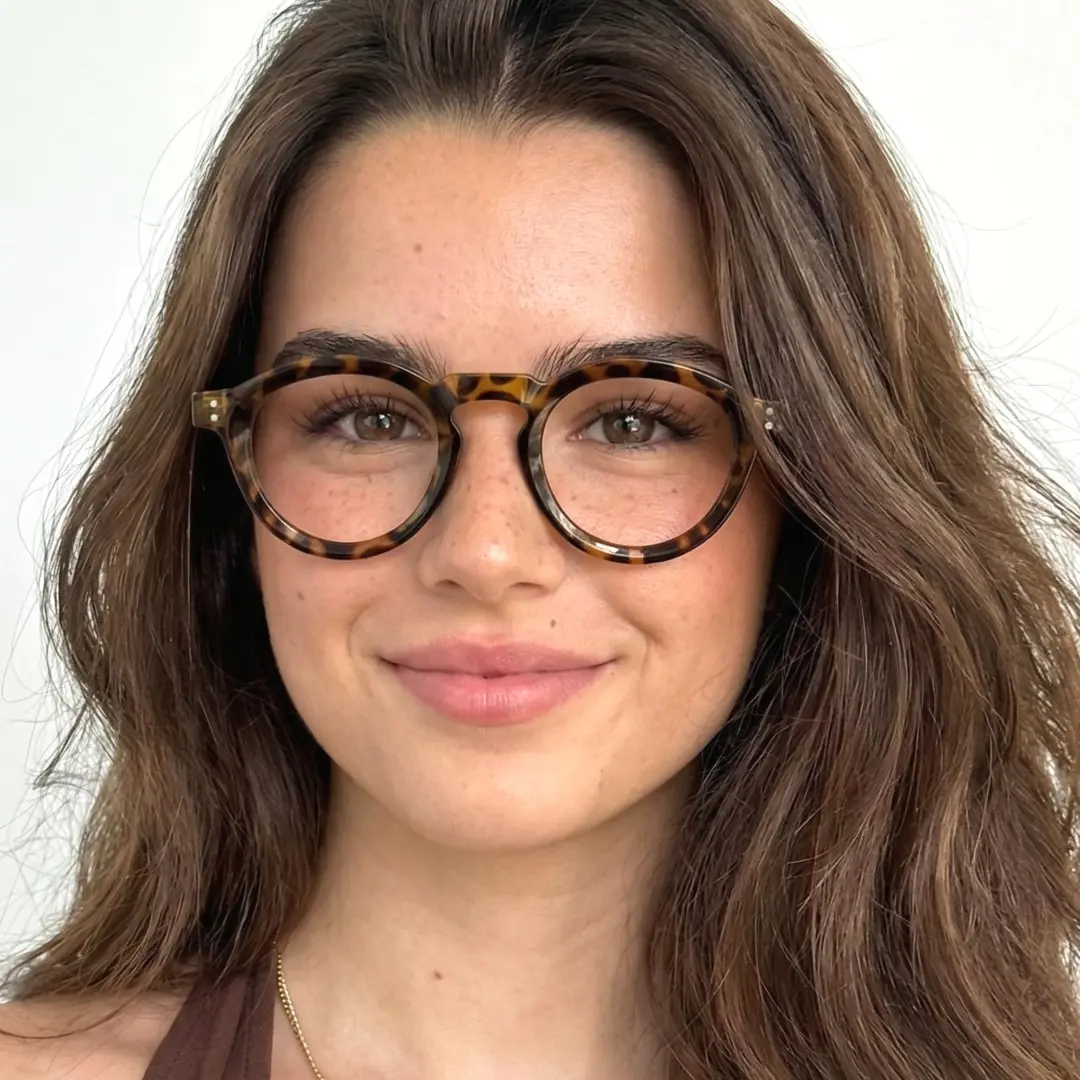 Face close-up view of female wearing tortoise round eyeglasses, soft smile, RR0042411