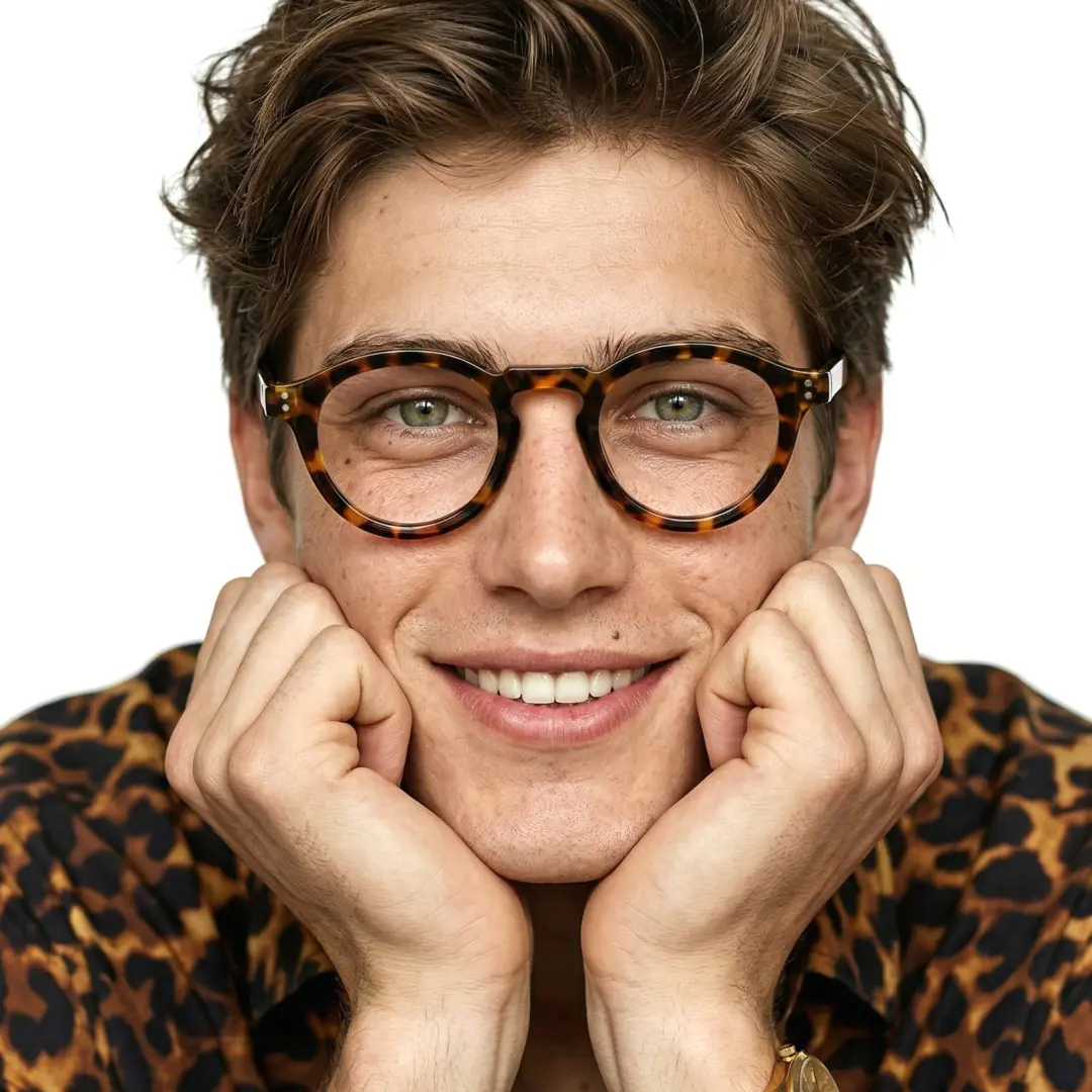 Front view of male wearing vintage tortoise round eyeglasses, resting chin on hand, smiling, RR0042411