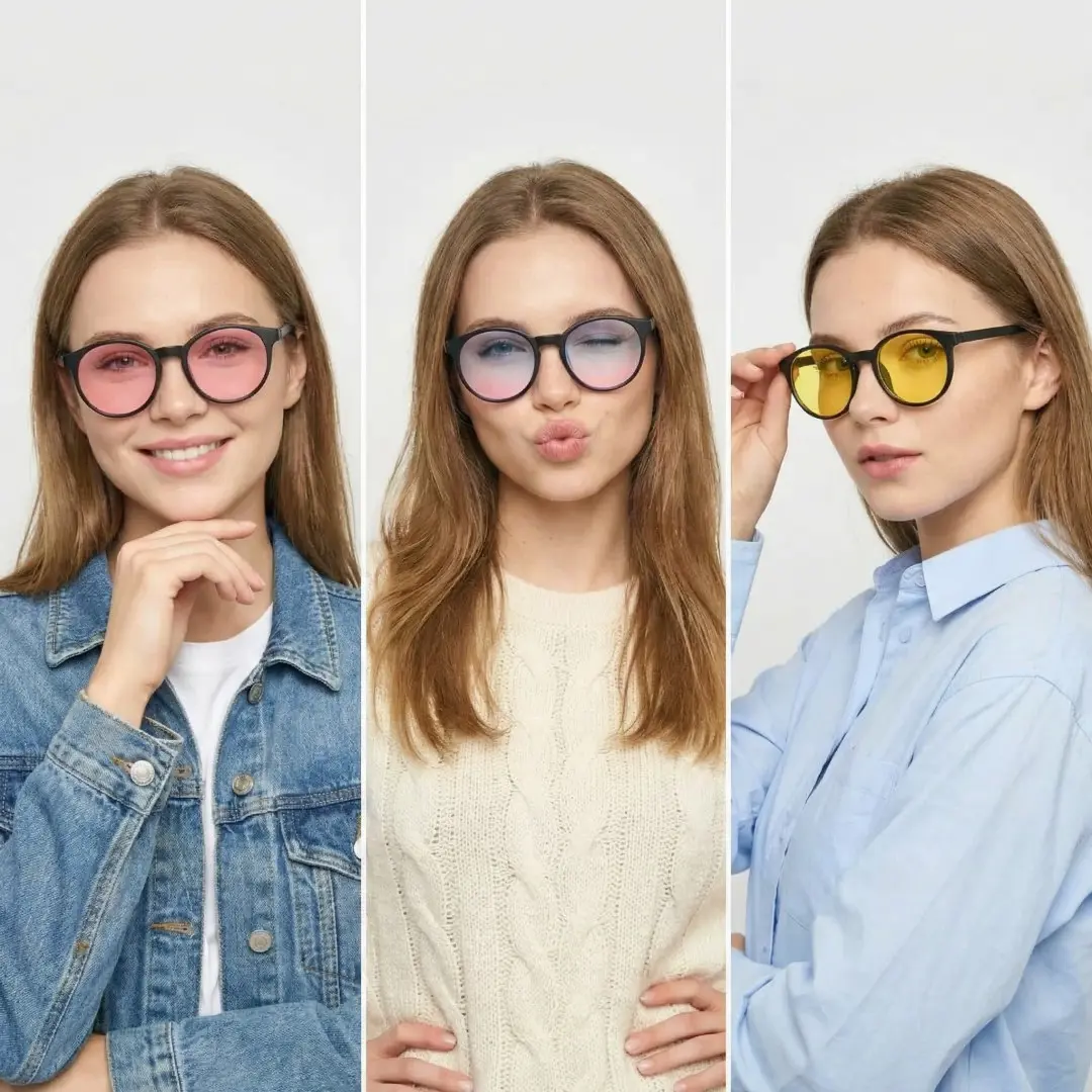 Front view of group wearing black round magnetic clip-on eyeglasses set with interchangeable clip-on lenses, various expressions, RR0042512