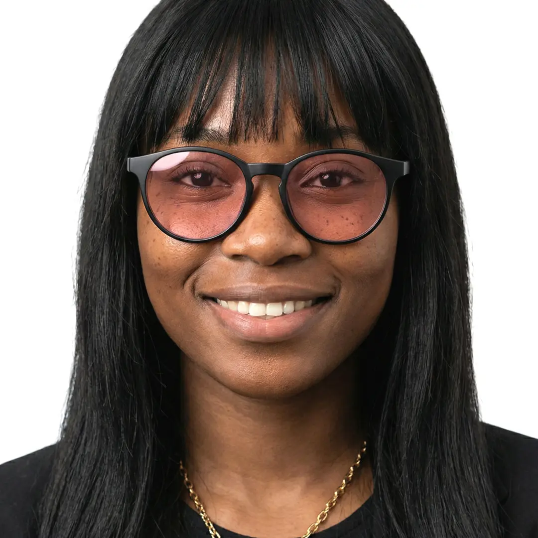 Close-up view of female wearing black round magnetic clip-on eyeglasses set with interchangeable clip-on lenses, friendly smile, RR0042512
