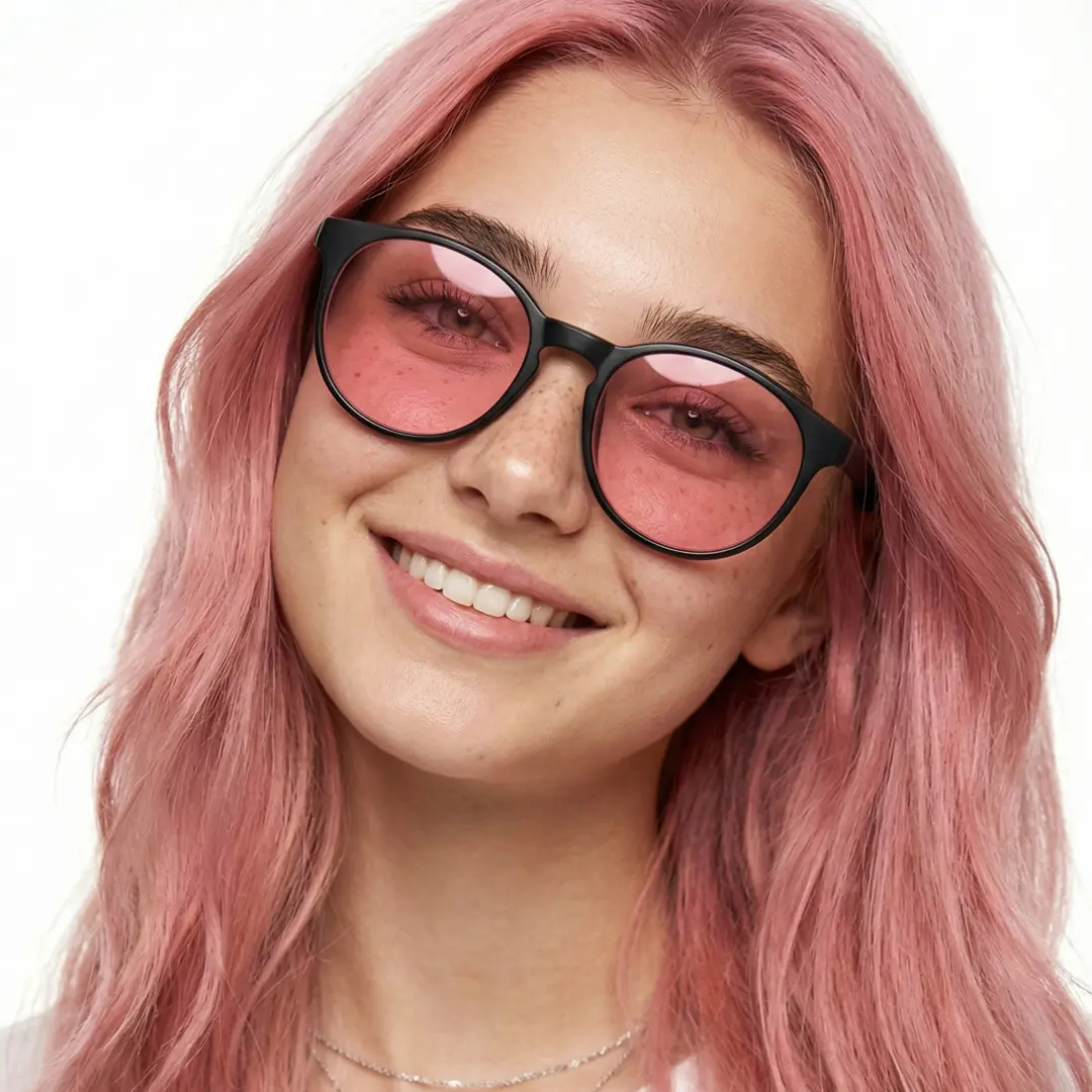 Tilted head view of female wearing black round magnetic clip-on eyeglasses set with interchangeable clip-on lenses, smiling, RR0042512