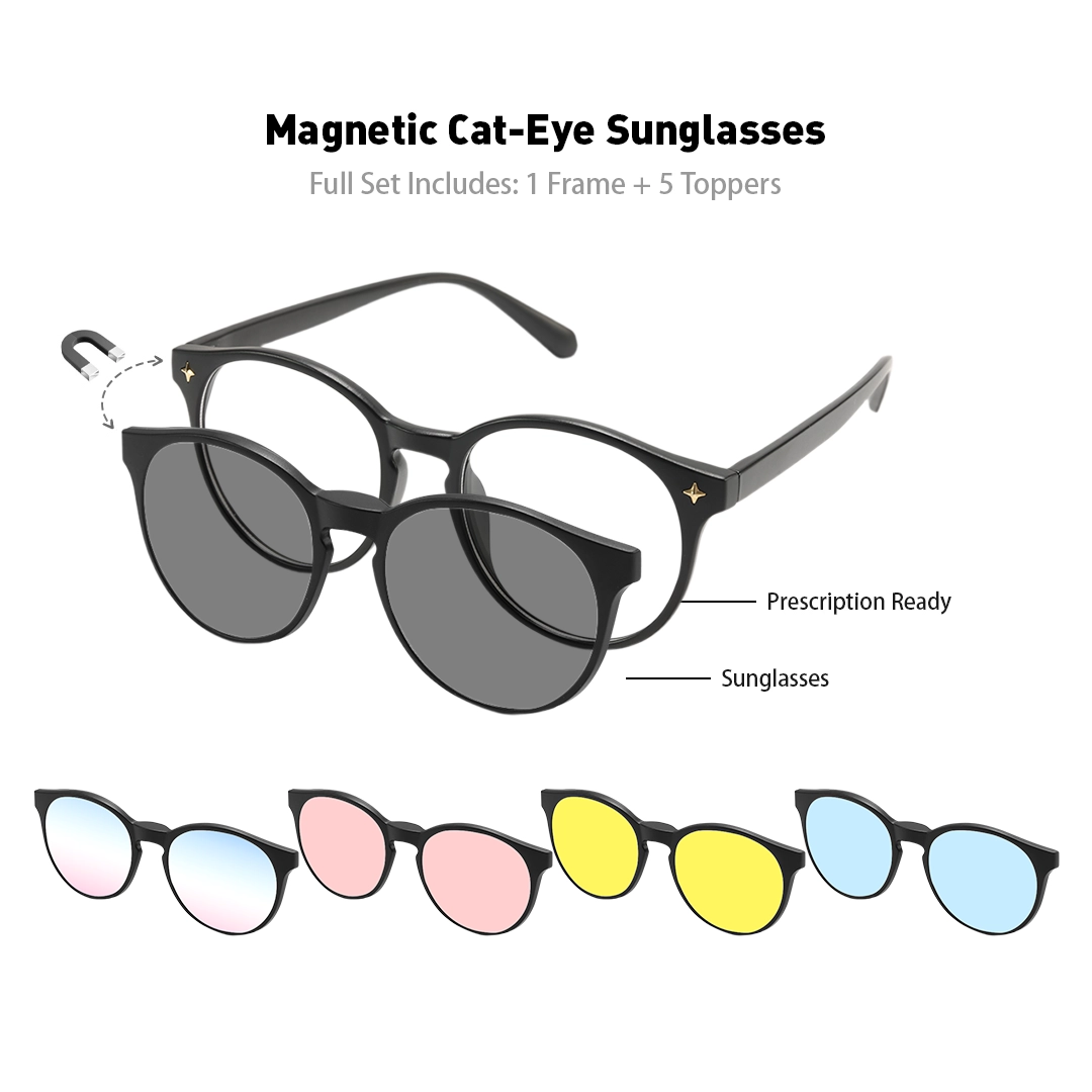 Set view of Callen round tr90 magnetic clip-on eyeglasses set with interchangeable toppers RR0042512 in black