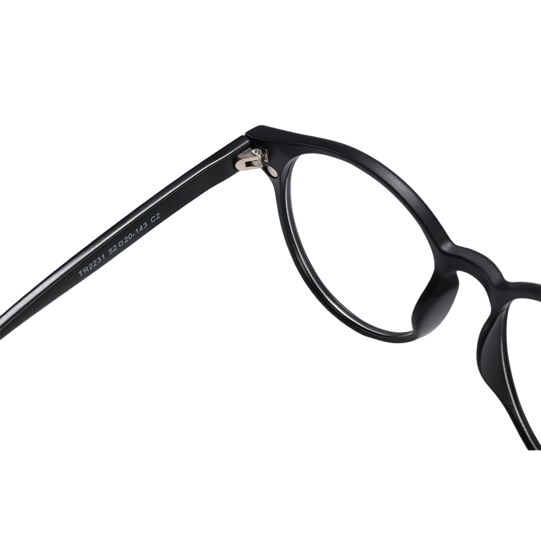 Spring hinge detail of Callen round tr90 magnetic clip-on eyeglasses set with interchangeable toppers RR0042512 in black