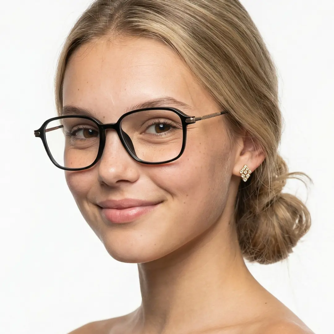 Profile view of female wearing black round eyeglasses, soft smile, RR0072412