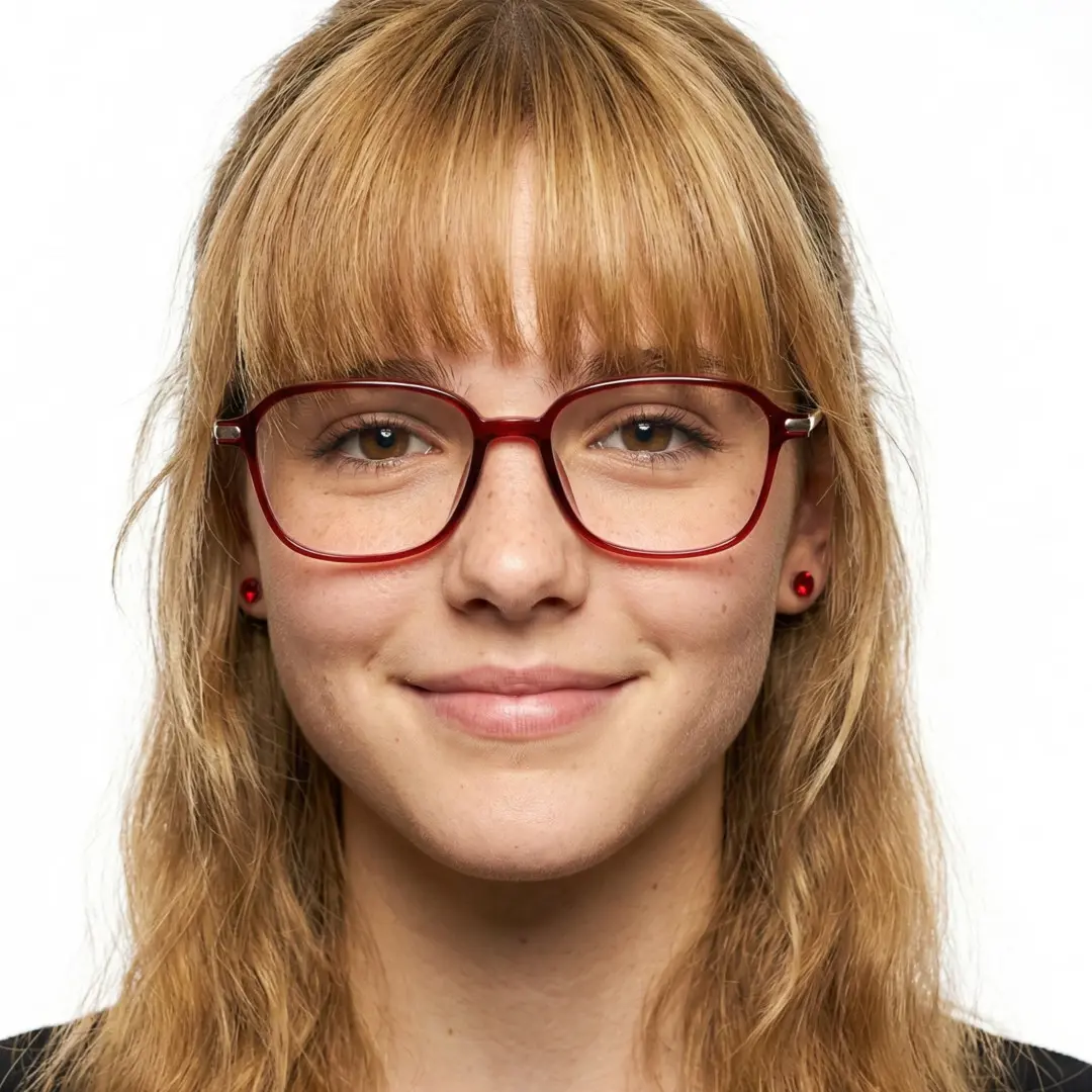 Front view of female wearing red round eyeglasses, smiling, RR0072412