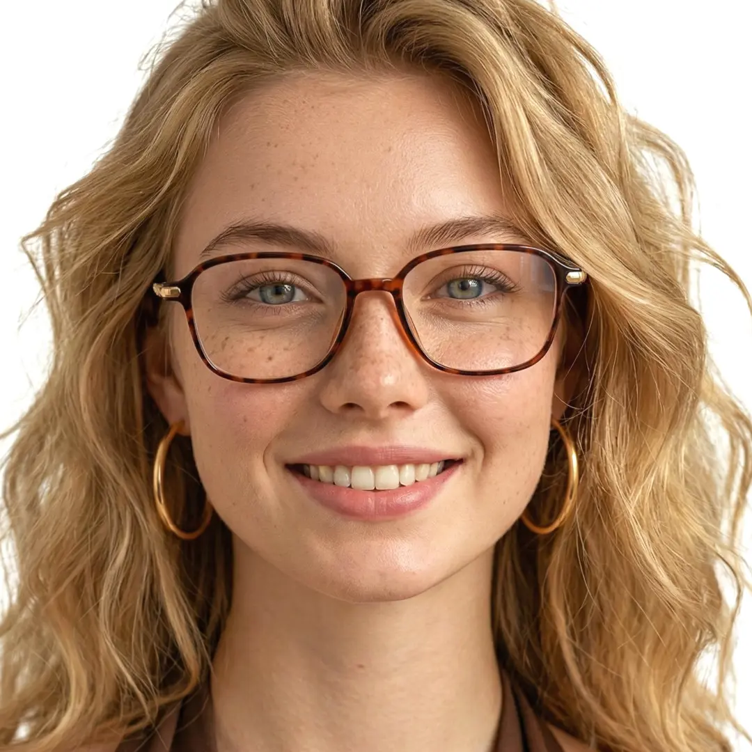 Front view of female wearing tortoise round eyeglasses, soft smile, RR0072412