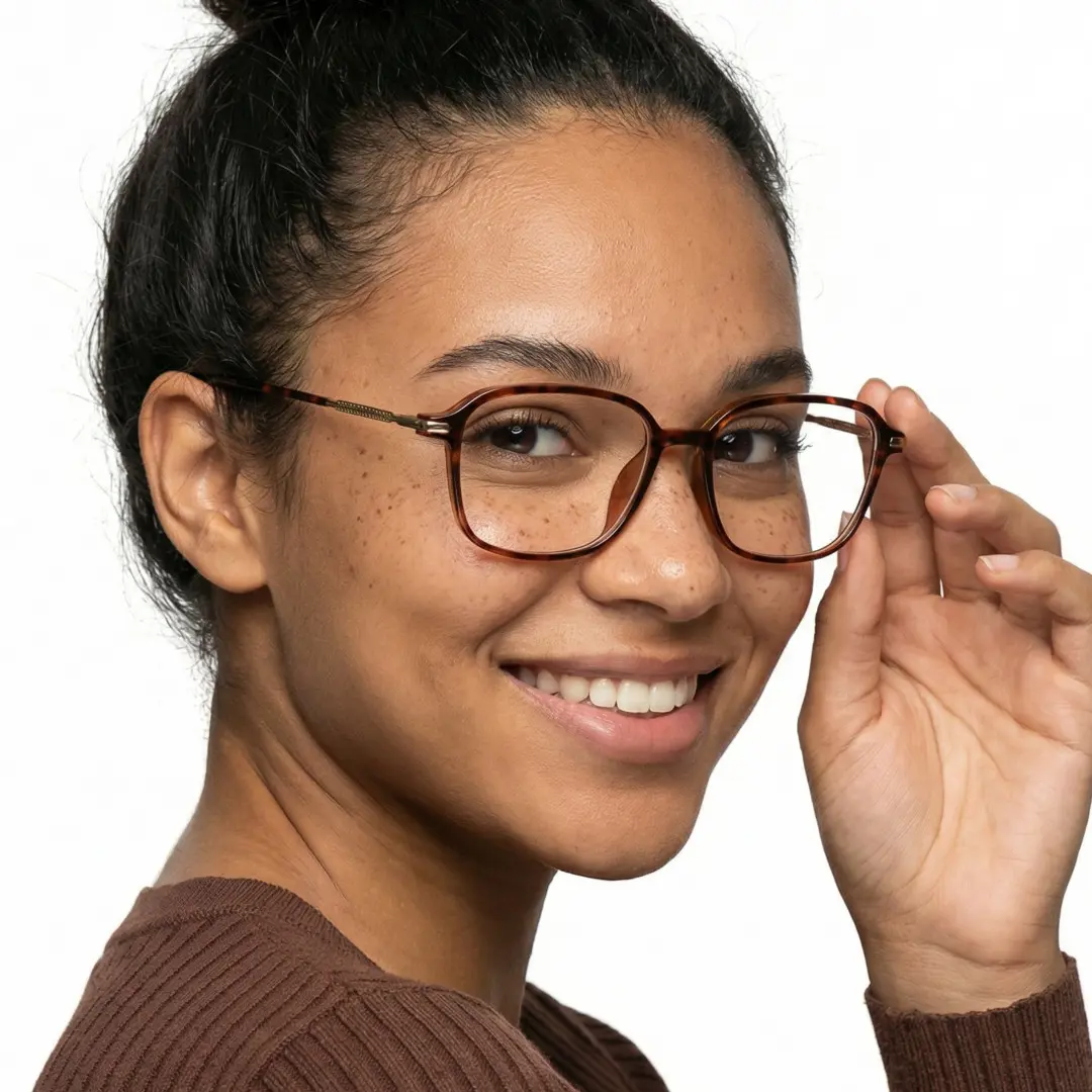 Profile view of female wearing tortoise round eyeglasses, touching frame, smiling, RR0072412