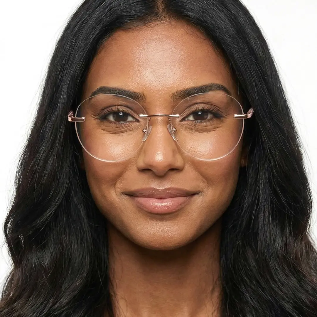 Front view of female wearing pink round eyeglasses, natural smile, RR0072507