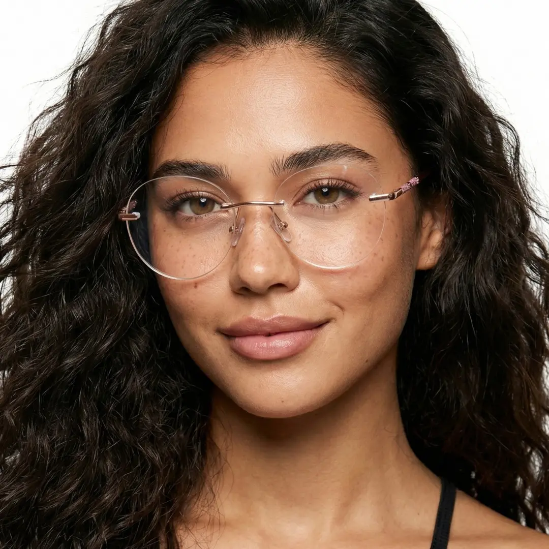 Looking straight ahead view of female wearing pink round eyeglasses, calm expression, RR0072507