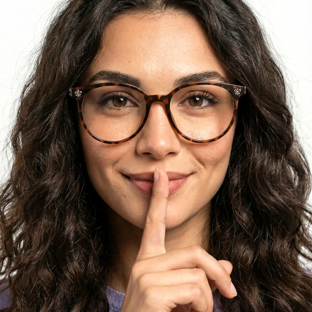 Front view of female wearing tortoise round eyeglasses, various expressions, RR0082409