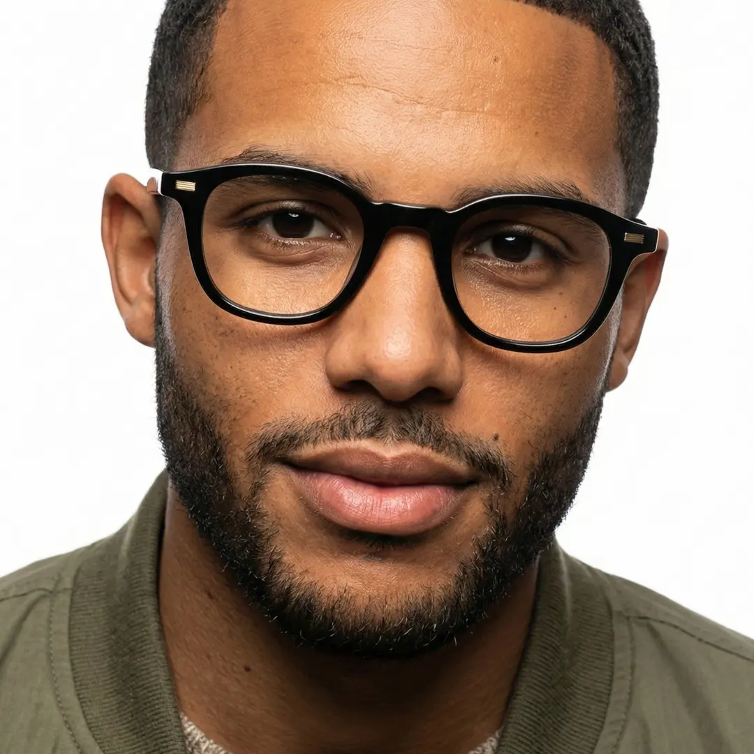 Front view of male wearing black round eyeglasses, relaxed expression, RR0082412