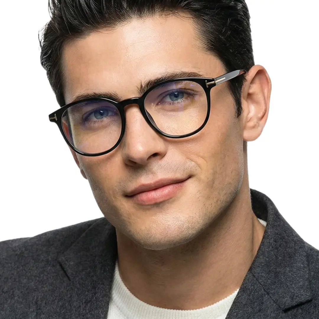 Front view of male wearing fashion black round eyeglasses, natural smile, RR0092412