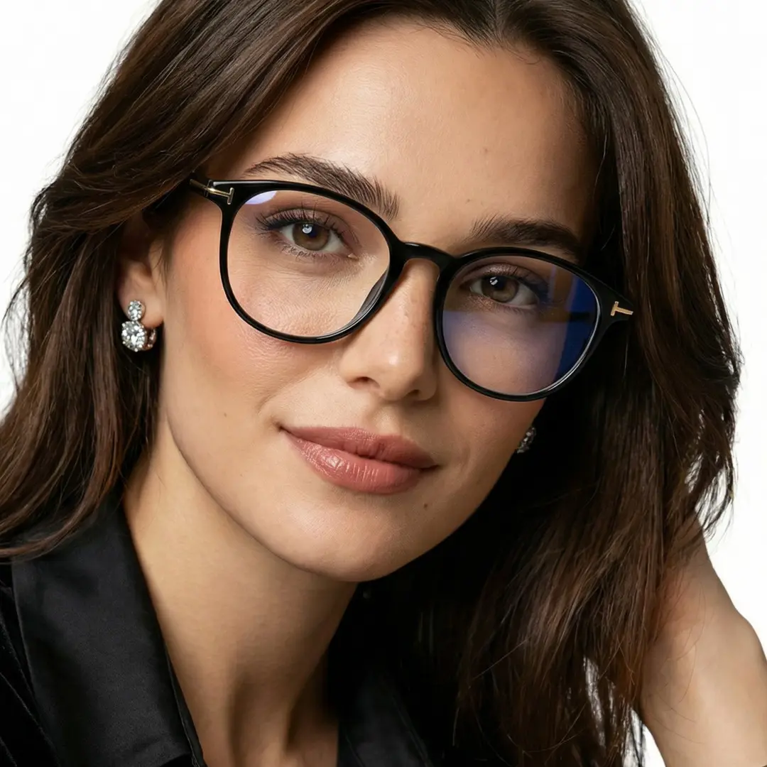 Front view of female wearing fashion black round eyeglasses, tilting head, natural smile, RR0092412
