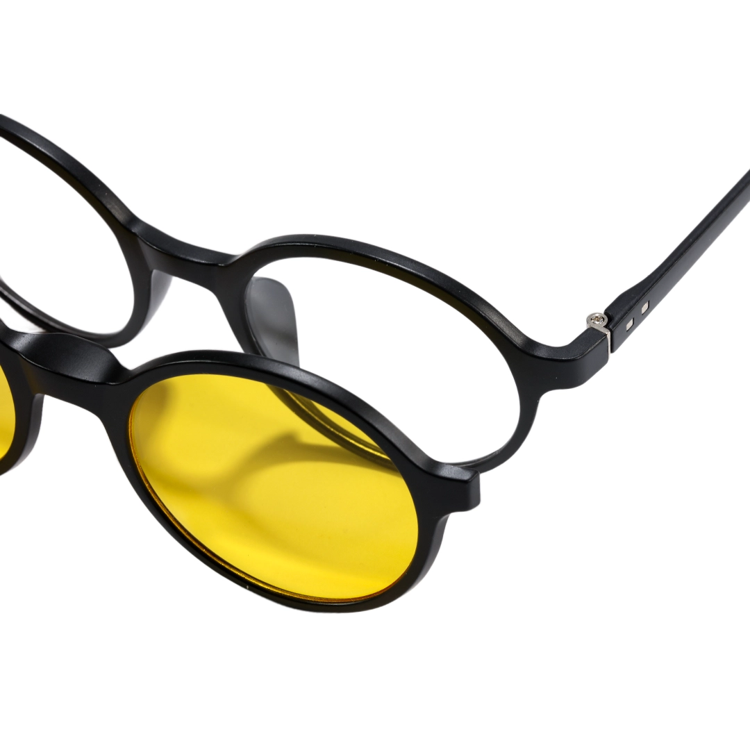 End piece detail of Lume round tr90 magnetic clip-on eyeglasses set with interchangeable clip-on lenses RR0112601 in black
