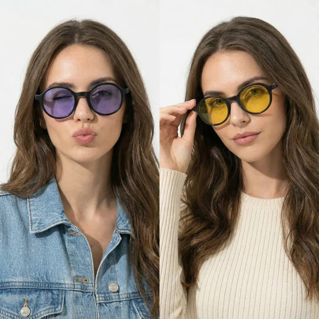 Front view of two people wearing black round magnetic clip-on eyeglasses set with interchangeable clip-on lenses, adjusting glasses, pouting, RR0112601