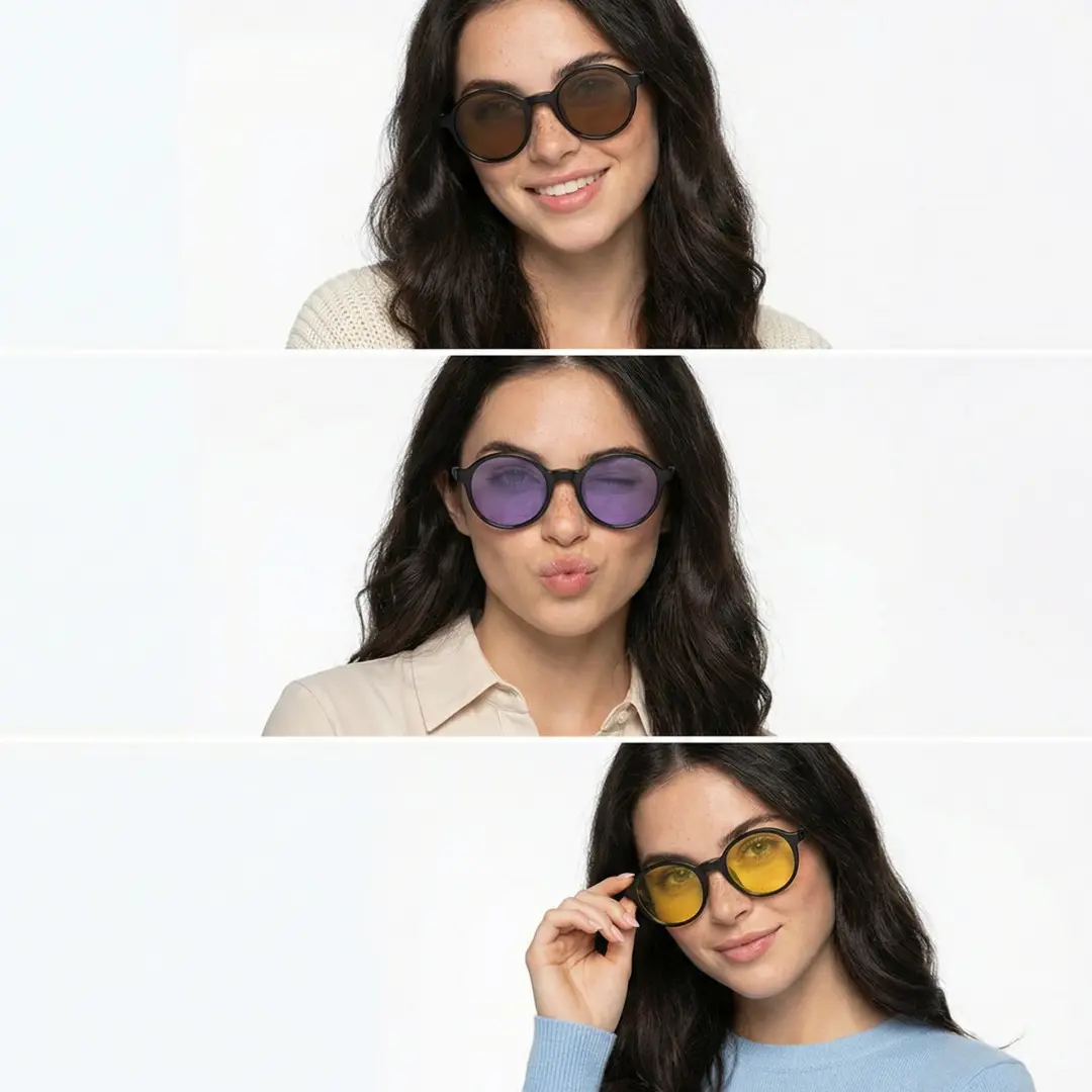 Front view of group wearing black round magnetic clip-on eyeglasses set with interchangeable clip-on lenses, various expressions, RR0112601