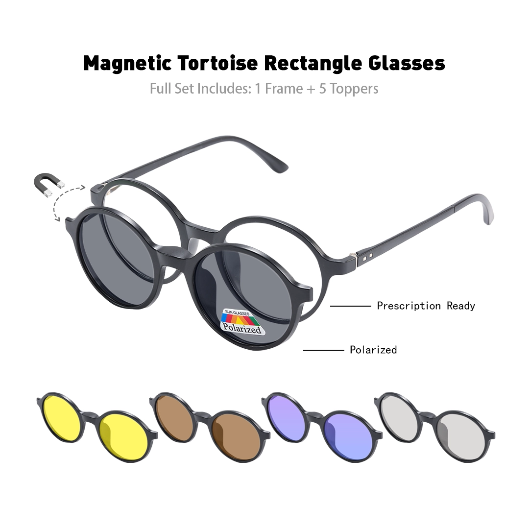 Set view of Lume round tr90 magnetic clip-on eyeglasses set with interchangeable clip-on lenses RR0112601 in black