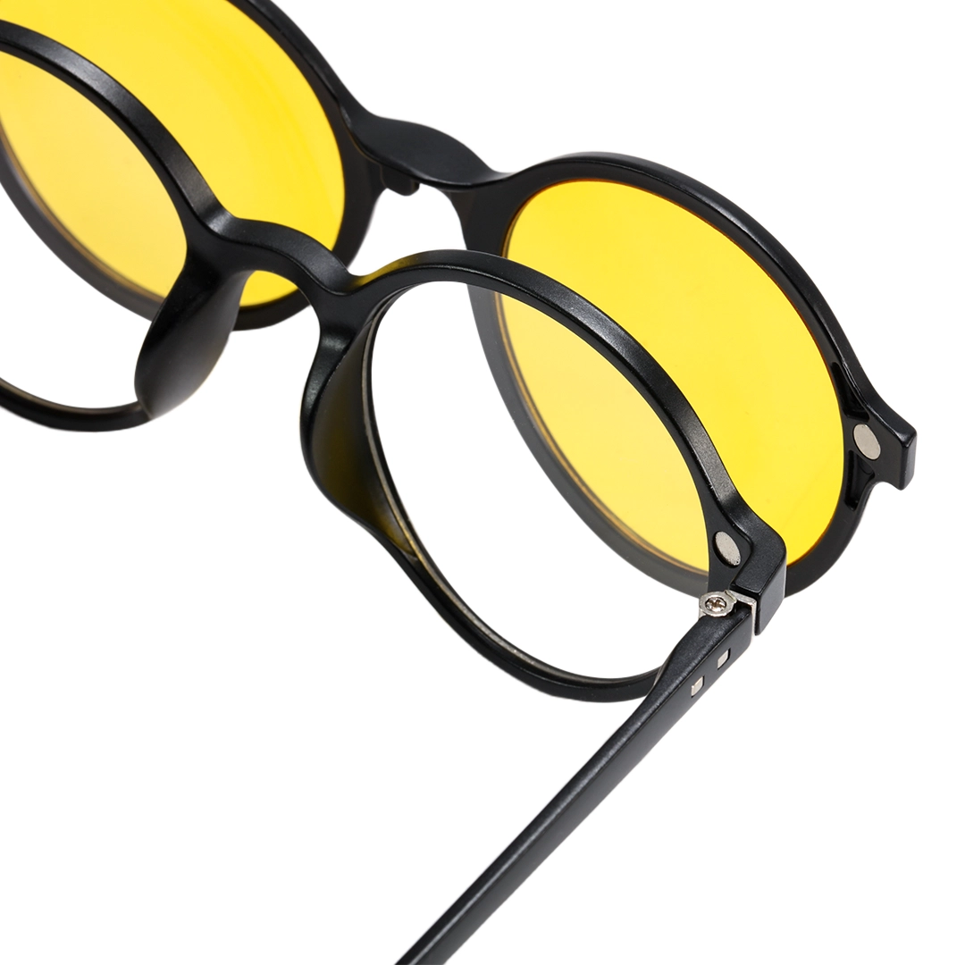 Exploded view of Lume round tr90 magnetic clip-on eyeglasses set with interchangeable clip-on lenses RR0112601 in black