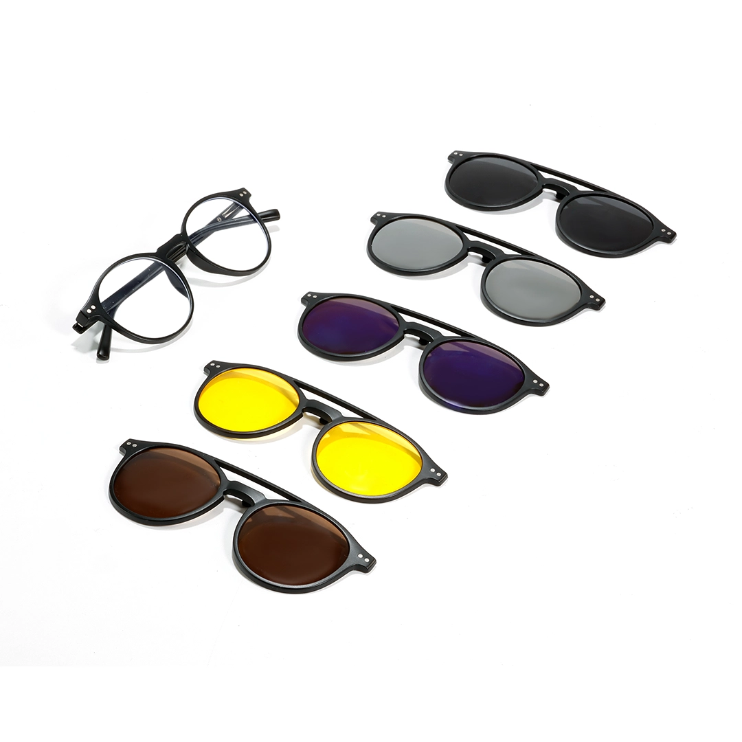 Flat lay view of Gale round tr90 magnetic clip-on eyeglasses set with interchangeable clip-on lenses RR0132601 in black