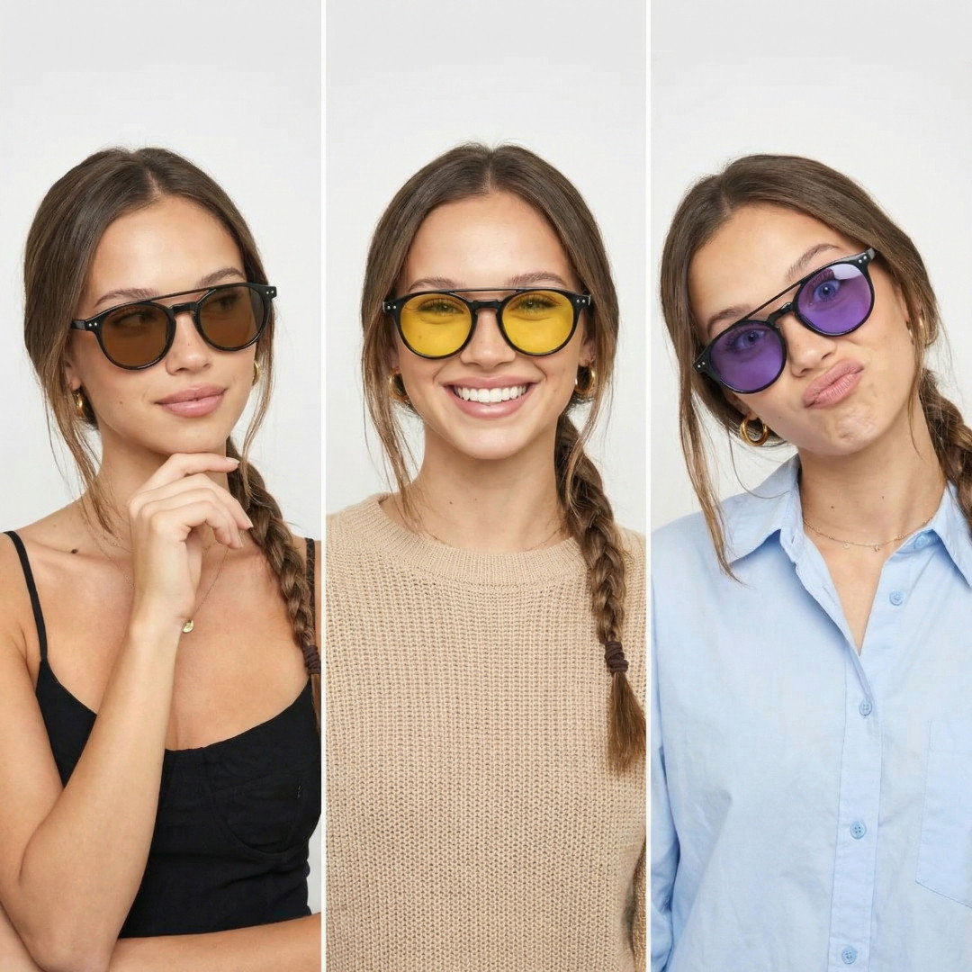 Front view of group wearing black round magnetic clip-on eyeglasses set with interchangeable clip-on lenses, various expressions, RR0132601