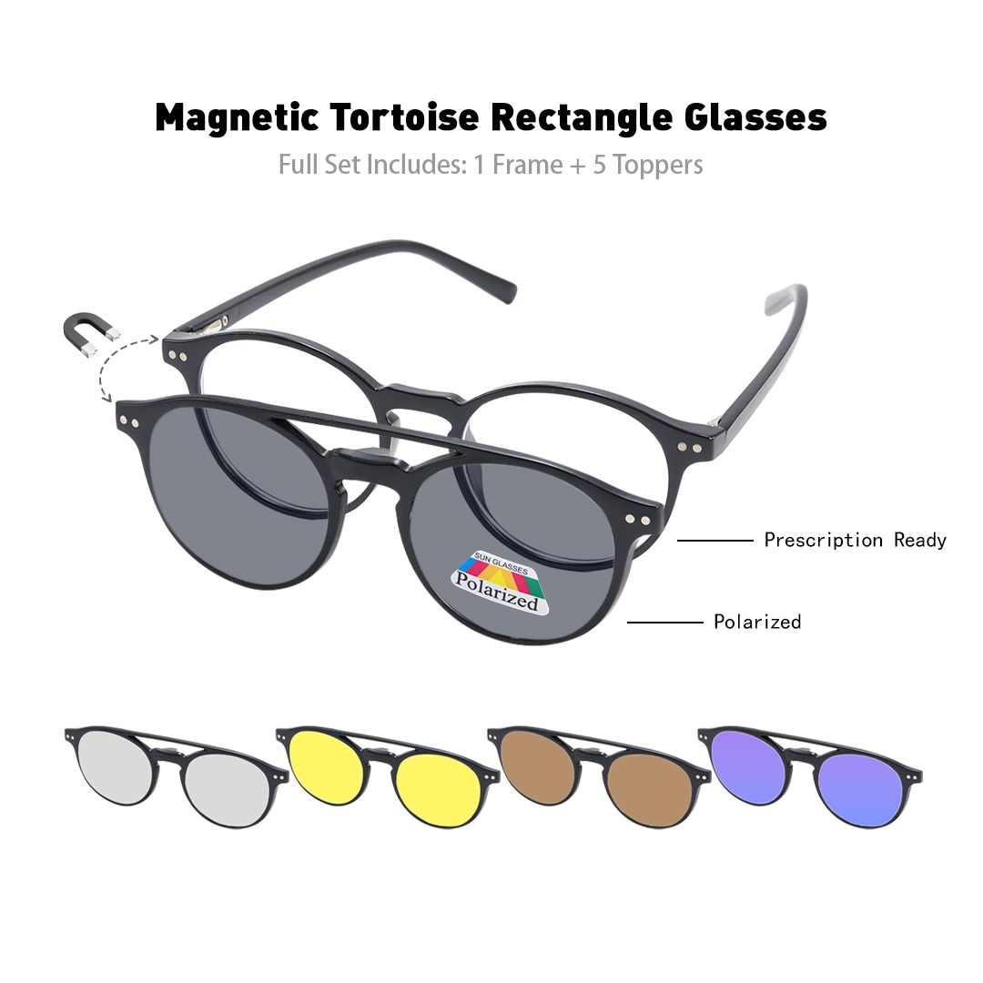 Set view of Gale round tr90 magnetic clip-on eyeglasses set with interchangeable clip-on lenses RR0132601 in black