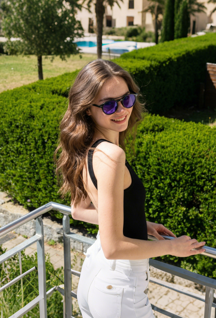 Female model wearing magnetic black round tr90 magnetic clip-on eyeglasses set with interchangeable clip-on lenses smiling on a sunny balcony with green hedges and a pool background. SPU: RR0132601