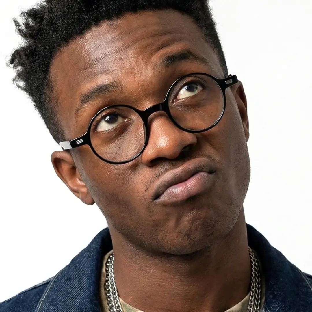 Front view of male wearing vintage black round eyeglasses, relaxed expression, RR0162209