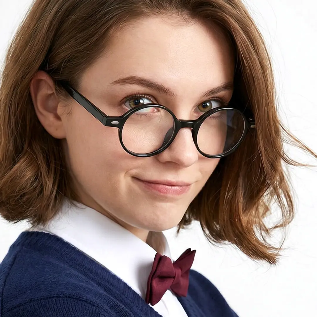 Front view of female wearing vintage black round eyeglasses, relaxed expression, RR0162209