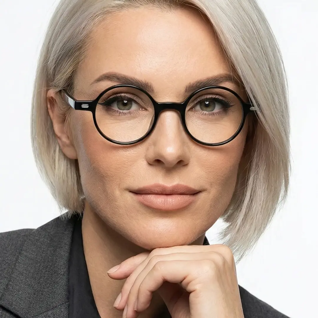 Front view of female wearing vintage black round eyeglasses, resting chin on hand, relaxed expression, RR0162209