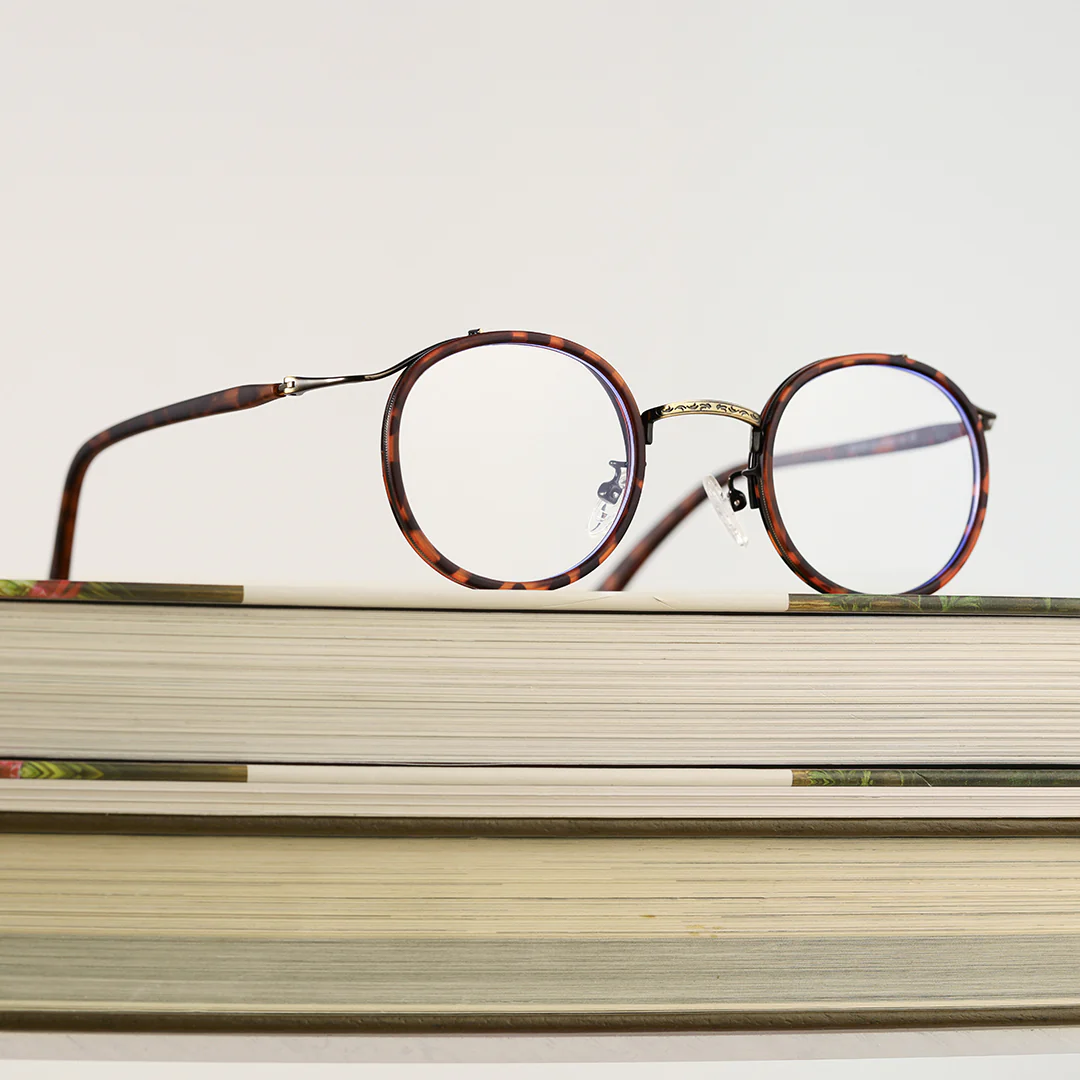 Scene close-up view of Kayla vintage round tr90 eyeglasses RR0192209 in tortoise