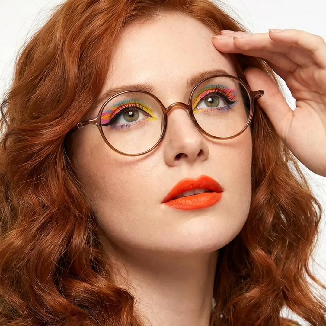 Female wearing john lennon brown round tr90 eyeglasses, natural expression. SPU: RR0192410