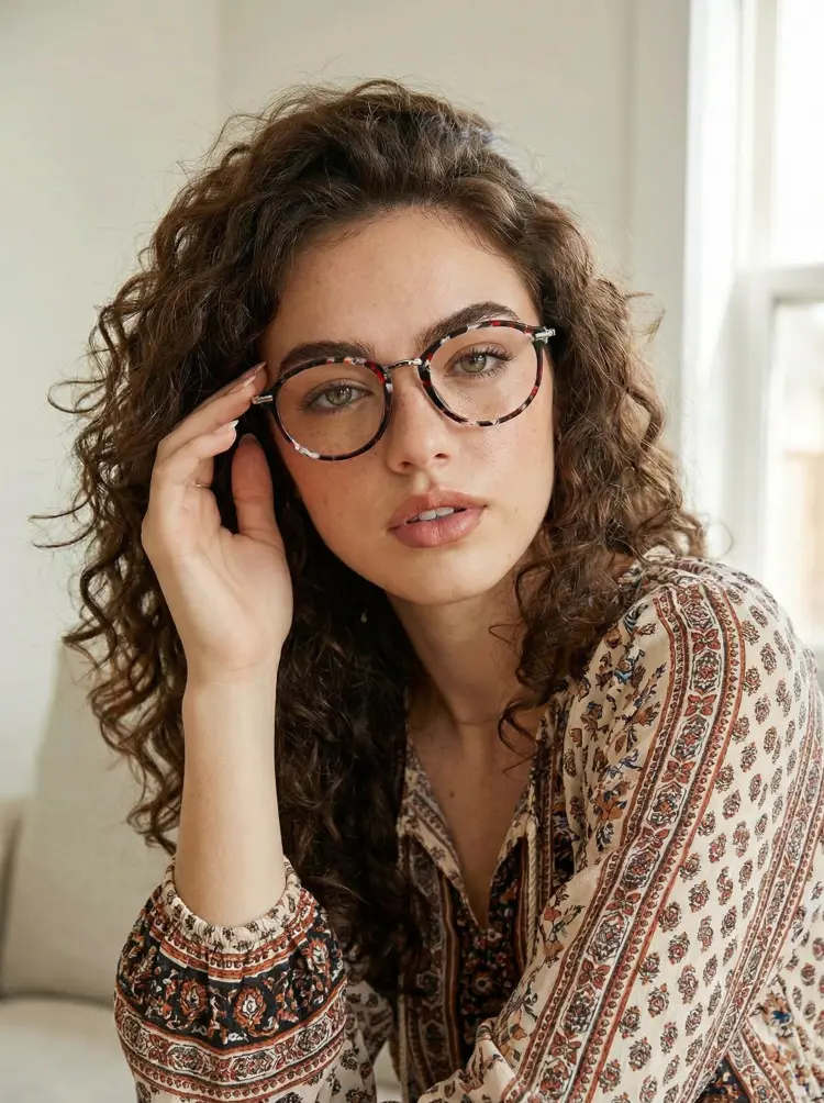 Female model wearing vintage tortoise round tr90 eyeglasses in bright indoor. SPU: RR0202306