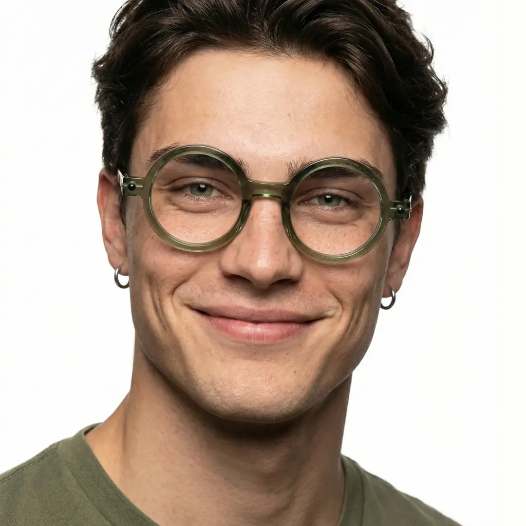 Front view of male wearing army green round eyeglasses, smiling, RR0212302