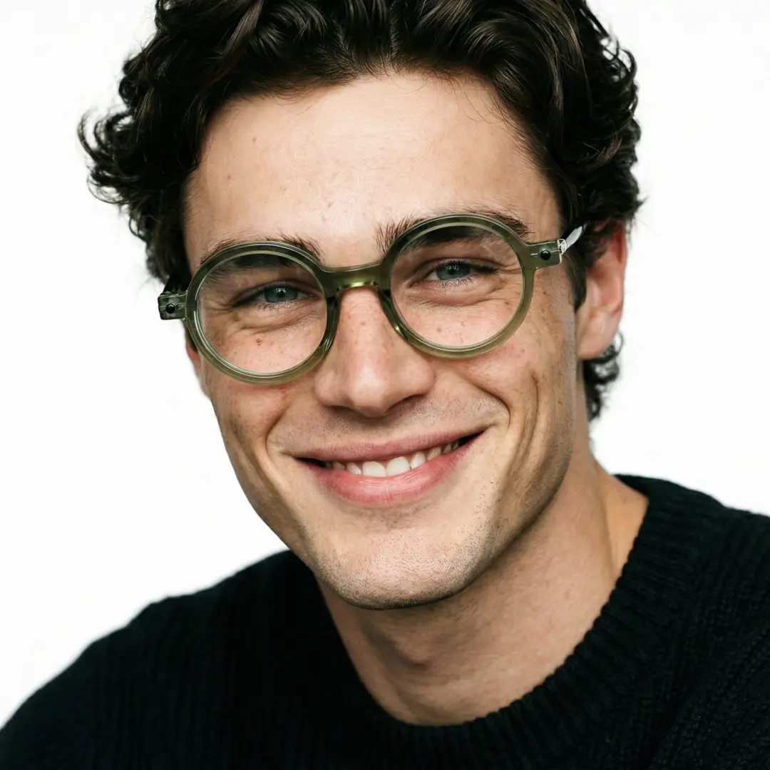 Looking straight ahead view of male wearing army green round eyeglasses, smiling, RR0212302