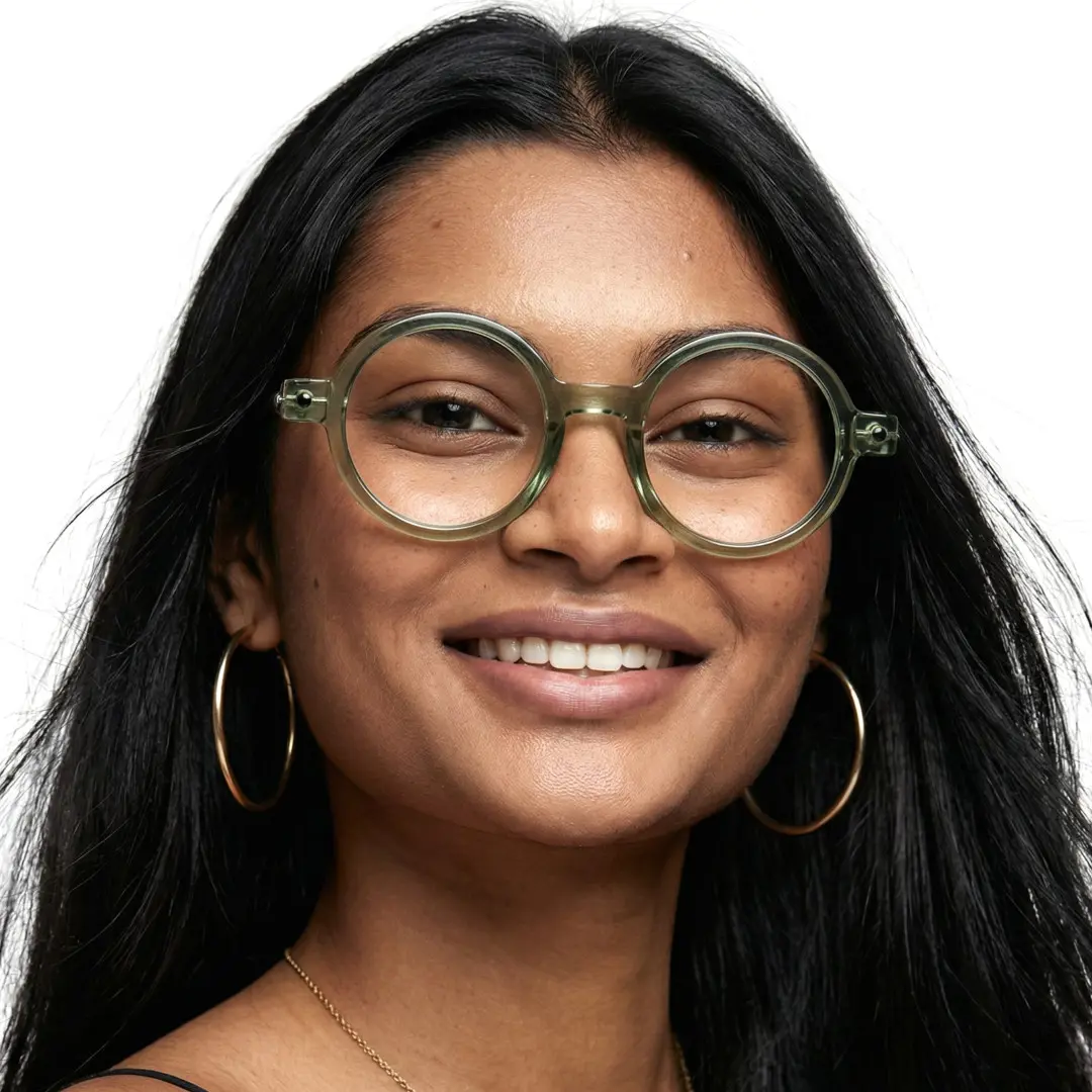 Front view of female wearing army green round eyeglasses, natural smile, RR0212302