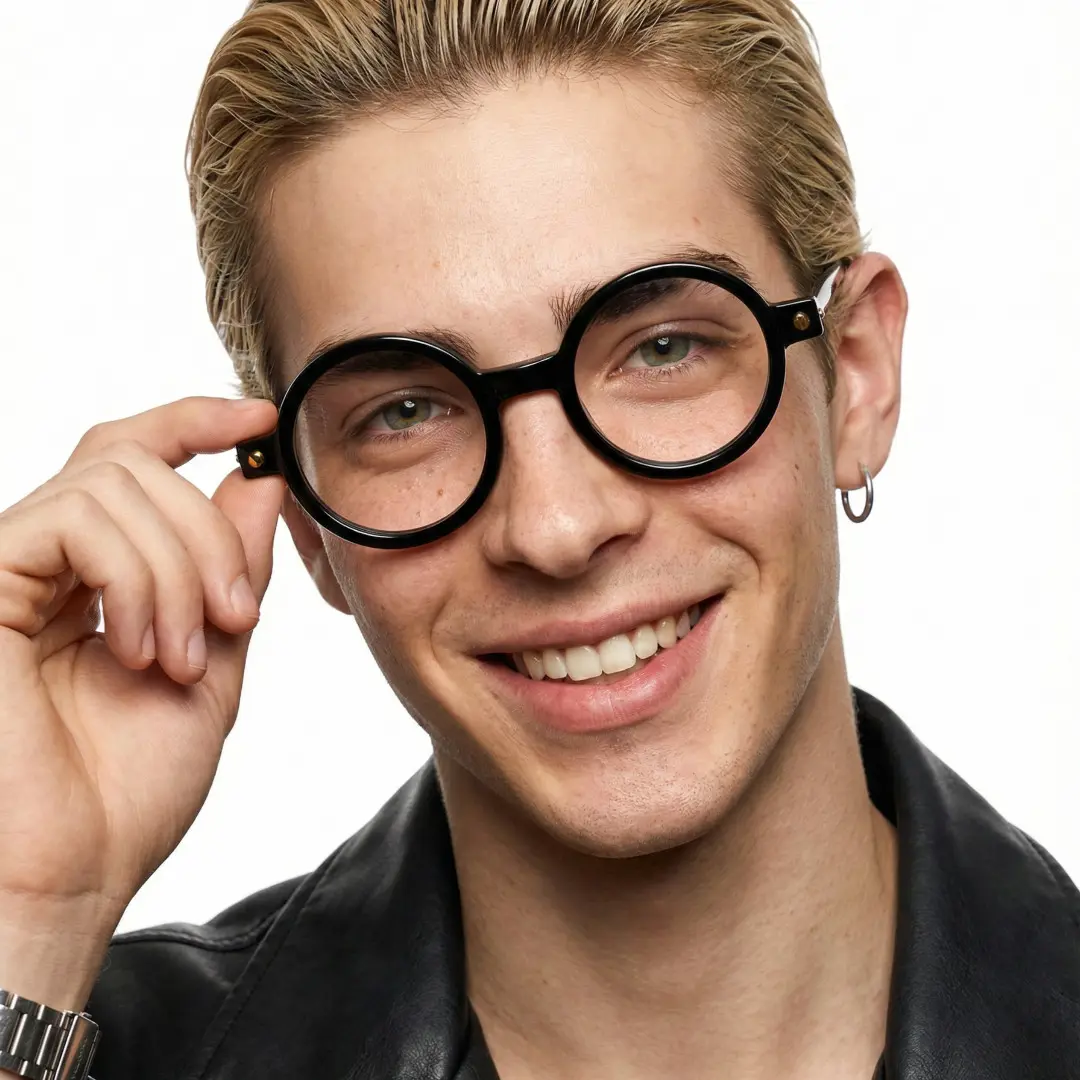 Face close-up view of male wearing black round eyeglasses, adjusting glasses, smiling, RR0212302