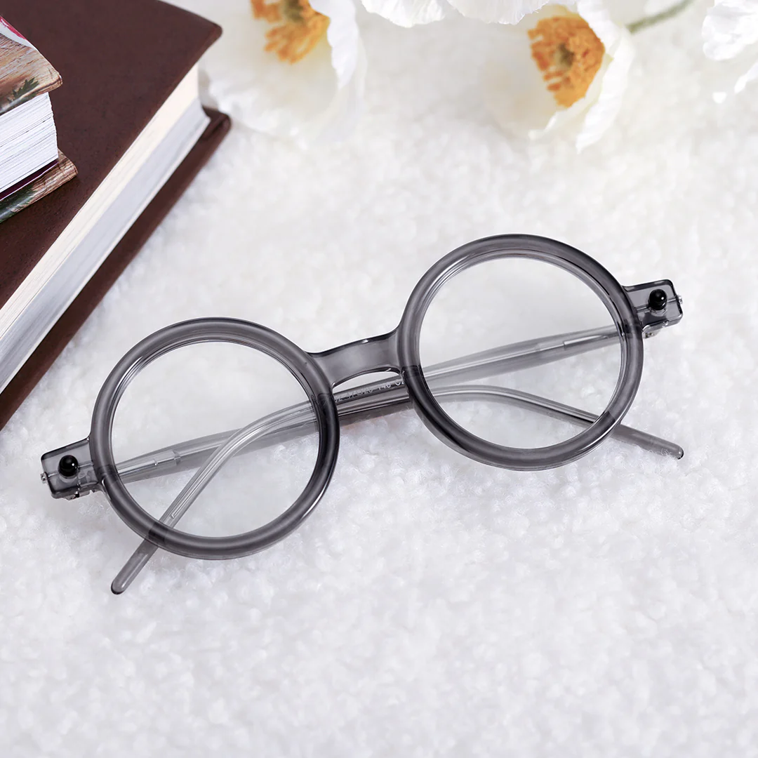 Front folded view of Bkiko round tr90 eyeglasses RR0212302 in grey