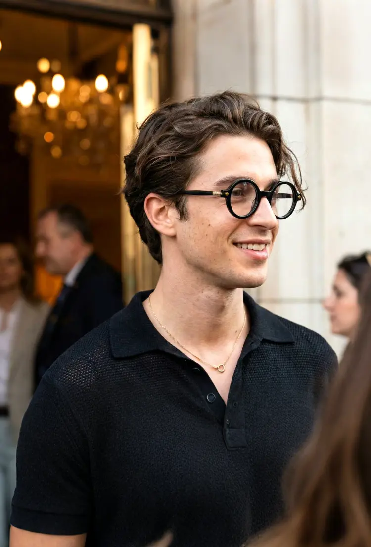 Male model wearing vintage black round tr90 eyeglasses on a city street. SPU: RR0212302