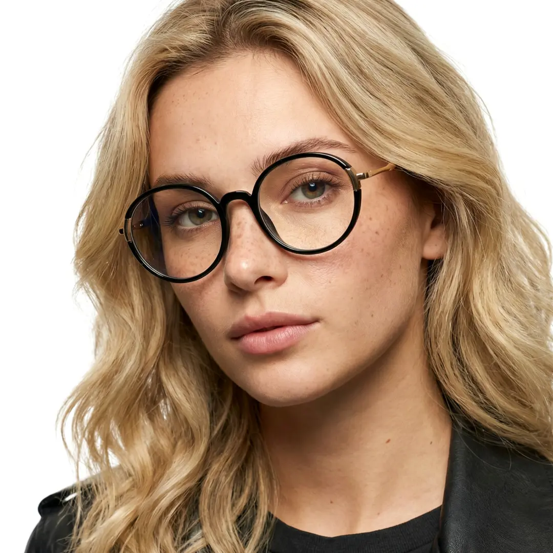 Three-quarter view of female wearing black round eyeglasses, neutral expression, RR0262411
