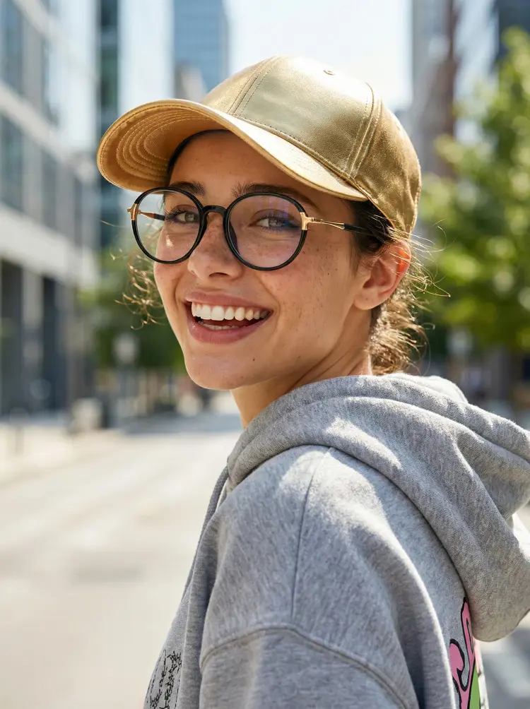 Female model wearing everyday black round tr90 eyeglasses on a sunny city street. SPU: RR0262411