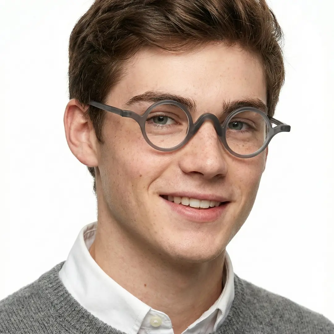 Three-quarter view of male wearing grey round eyeglasses, smiling, RR0282410