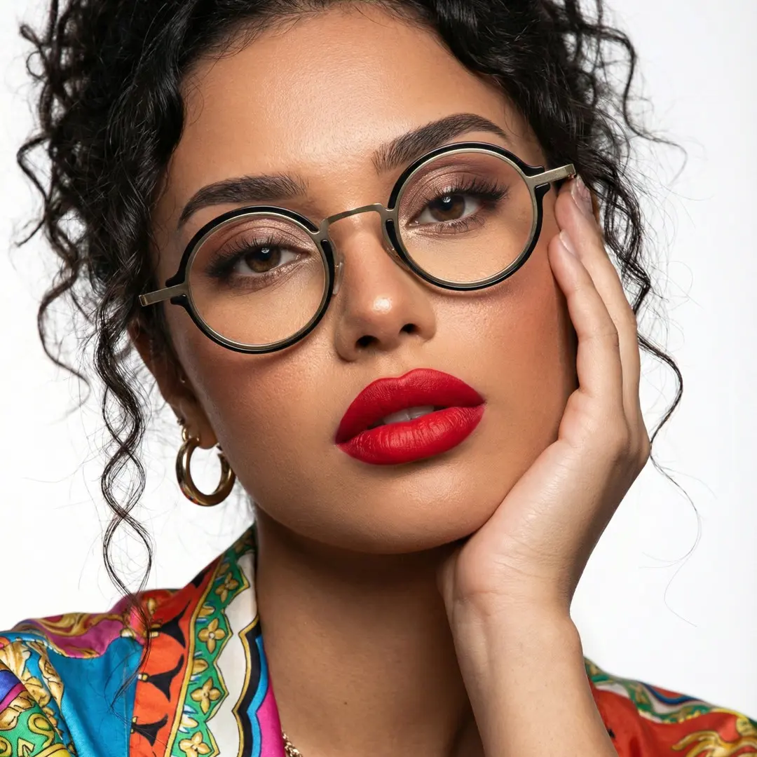 Tilted head view of female wearing black round eyeglasses, resting chin on hand, calm expression, RR0312406