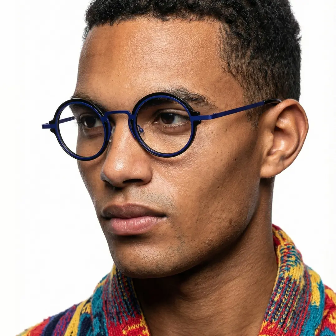 Three-quarter view of male wearing blue round eyeglasses, neutral expression, RR0312406